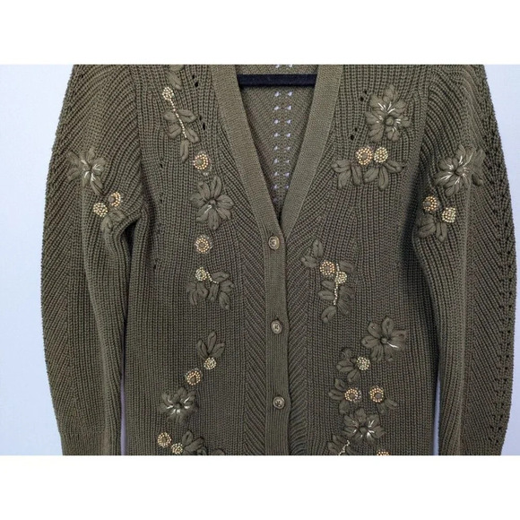 SOFT SURROUNDINGS M Green Embroidered Bead 3D Floral Cardigan Sweater Jacket - Picture 6 of 16